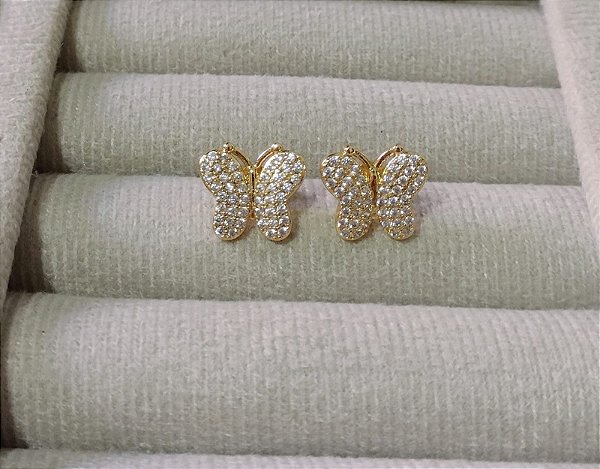 Brinco Borboleta Cravejado com Zircônia Cristal  Banhada em Ouro 18 k.