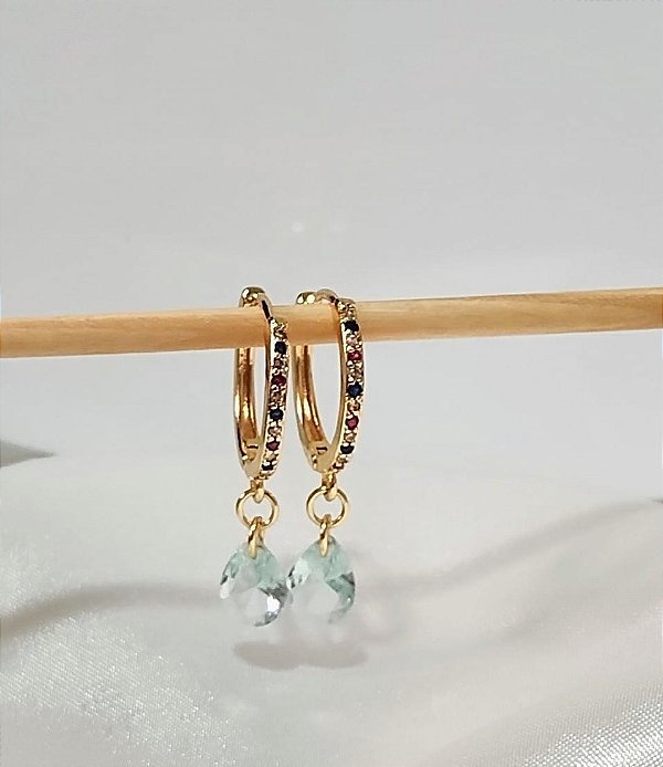 Brinco Argola Cravejado Gota Banhado em Ouro 18 k.