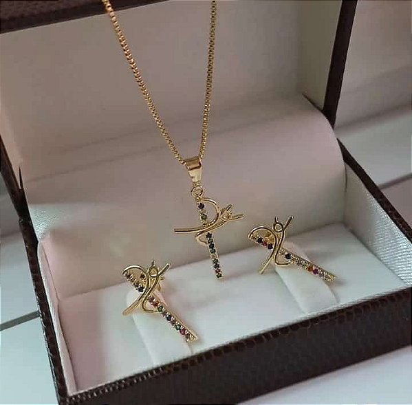 Conjunto Colar e Brinco Fé  Cravejado Color Banhado em Ouro 18 k.
