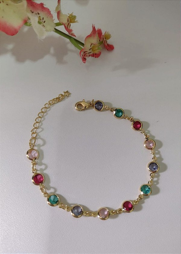 Pulseira Pedras Zircônia Colorida Banhada em Ouro 18 k.