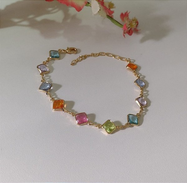 Pulseira Pedras Zircônia Colorida Banhada em Ouro 18 k.