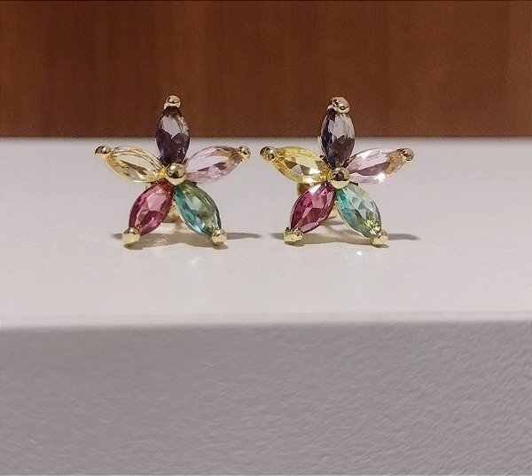 Brinco Flor Pedra Zircônia Colorido Banhado em Ouro 18 K.