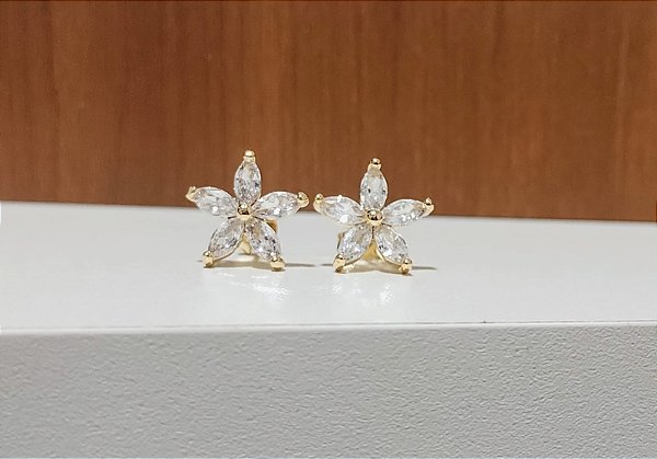 Brinco Flor Pedra Zircônia Cristal Banhado em Ouro 18 K.