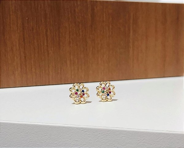 Brinco Infantil  com pedrinhas Coloridas Banhada em Ouro 18 k.