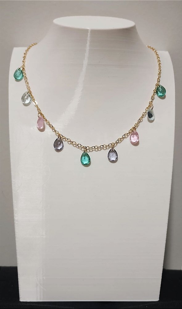 Colar Choker Gotas Coloridas Banhado em Ouro 18 k.