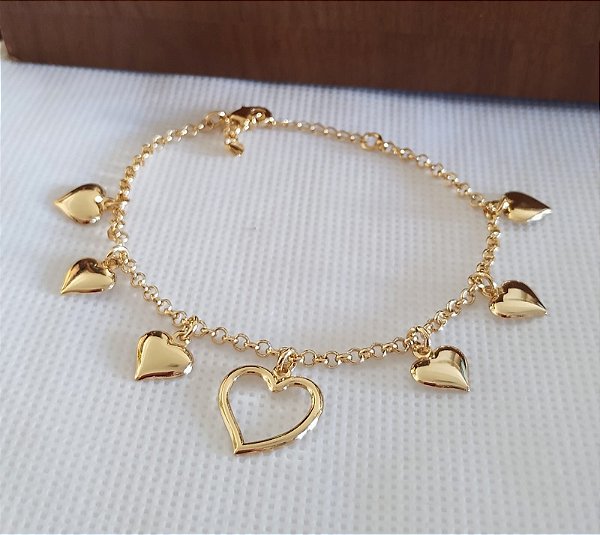 Pulseira Pingentes Corações Banhada em Ouro 18 k.