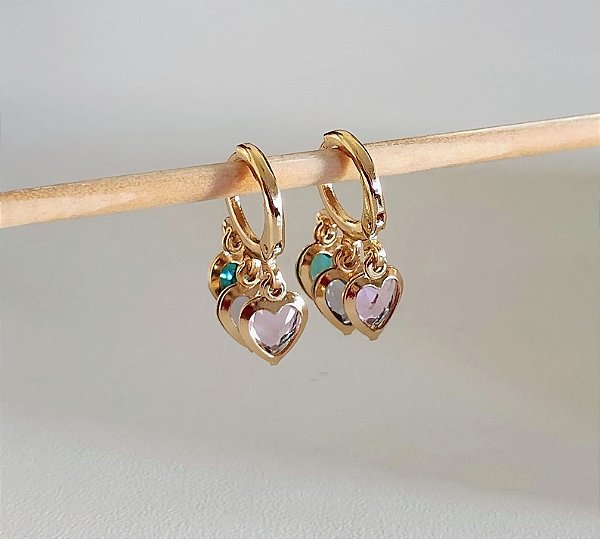 Brinco Argola Clique Corações coloridos Banhado em Ouro 18 k.
