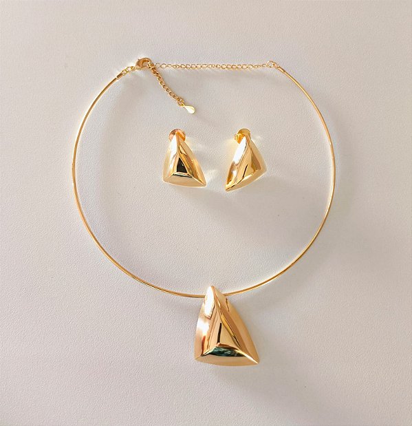 Conjunto Colar Aro Liso Com Pingente e Brinco Geométricos Banhado a Ouro 18 k