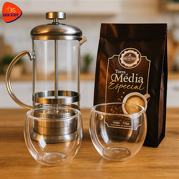 Kit ORO- 1 cafeteira prensa francesa + 2 copos de vidro de parede dupla + 250 gr de Café premium - Kit Experiência Café Gourmet