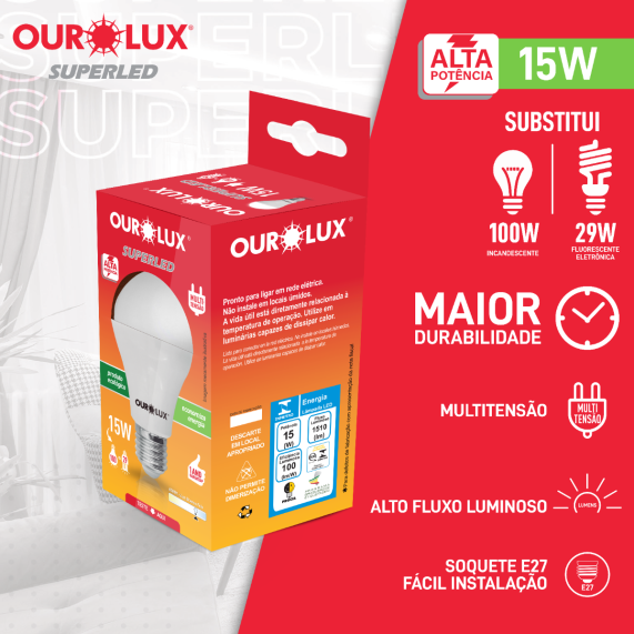 LÂMPADA SUPERLED BULBO OUROLUX 15W A.P.E27 BIV.6500K 20390