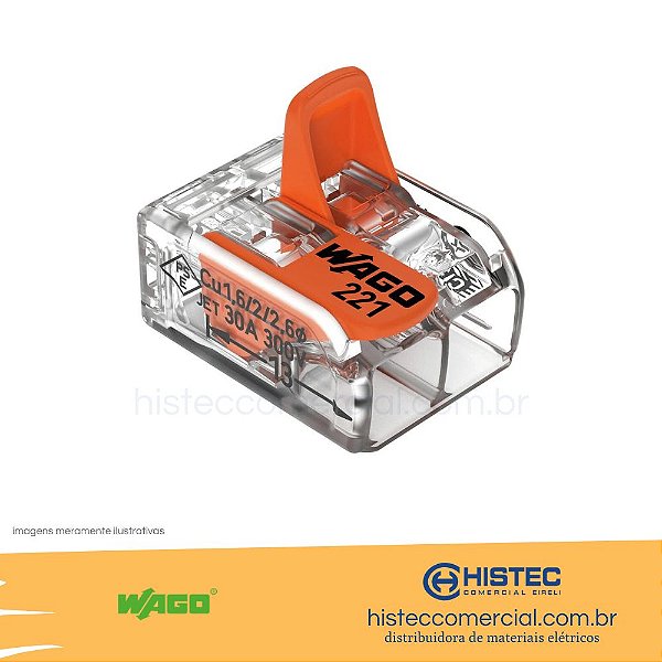 CONECTOR EMENDA WAGO 221-612 2P 0,5~6mm2 41A PARA CABO FLEXÍVEL OU RÍGIDO