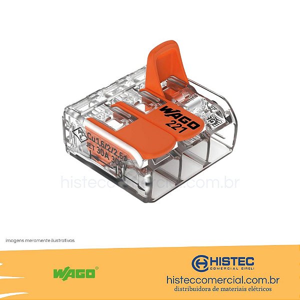 CONECTOR EMENDA WAGO 221-613 3P 0,5~6mm2 41A PARA CABO FLEXÍVEL OU RÍGIDO