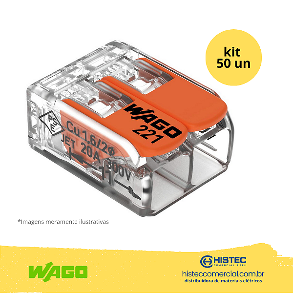 KIT CONECTOR WAGO 221-412 2P 0,5~4mm2 32A COM 50 PEÇAS