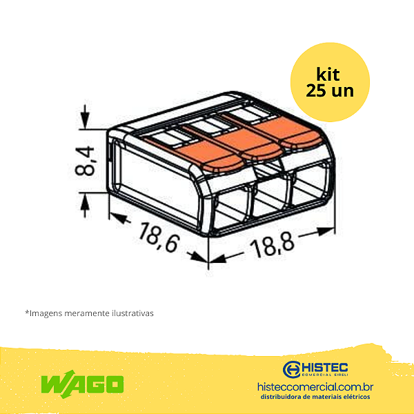 KIT CONECTOR WAGO 221-413 3P 0,5~4mm2 32A COM 25 PEÇAS