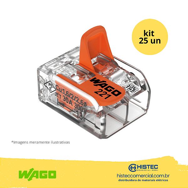 KIT CONECTOR WAGO 221-612 2P 0,5~6mm2 41A COM 25 PEÇAS