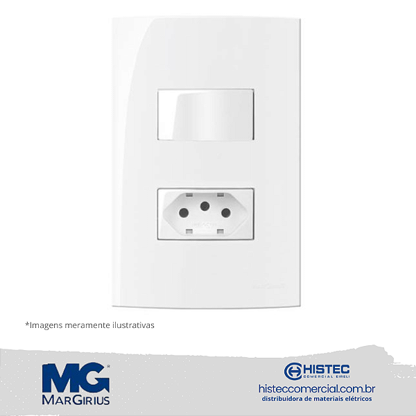 CONJUNTO INTERRUPTOR SIMPLES+TOMADA 2P+T PB 10A 250V MARGIRIUS SLEEK BR 15997