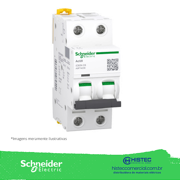 DISJUNTOR ACTI9 IC60N 2 POLO 06A CURVA C 20KA 220V A9F74206 SCHNEIDER