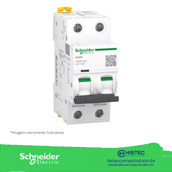 DISJUNTOR ACTI9 IC60N 2 POLOS 40A CURVA C 20KA 220V A9F74240 SCHNEIDER