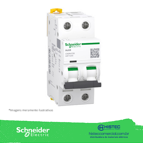DISJUNTOR ACTI9 IC60N 2 POLOS 50A CURVA C 20KA 220V A9F74250 SCHNEIDER