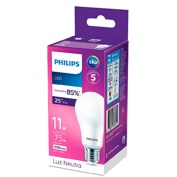 LÂMPADA LED bulbo Philips A60 11W 1018 lumens E-27 4000K BIVOLT