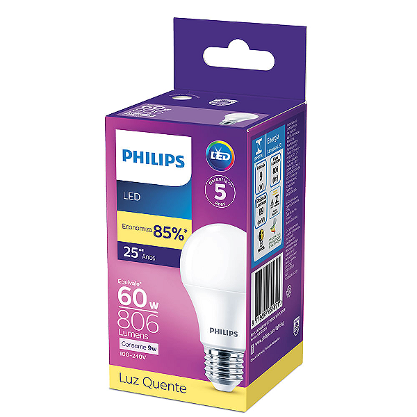 LÂMPADA LED bulbo Philips A60 9,0W 806 lumens E-27 3000K BIVOLT