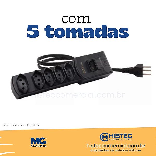 FILTRO DE LINHA MG-3001 PRETO BIVOLT COM 5 TOMADAS NBR CABO 1,5M