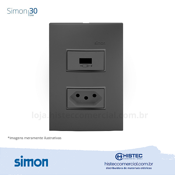 CONJUNTO CAREGADOR USB 2.1A+TOMADA 3P 10A GRAFITE SIMON 30 LINE 300952-38