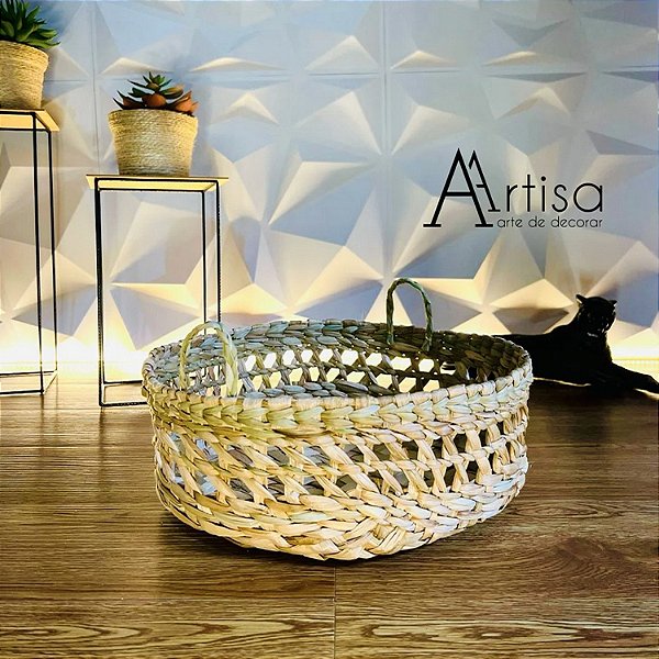 Cesto redondo de palha de taboa 32x12 vazada
