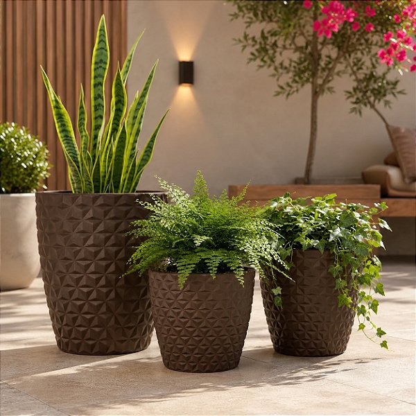 Kit 3 Vasos para Plantas em Polietileno Redondo Diamantado P, M e G | Decorativo Leve e Resistente