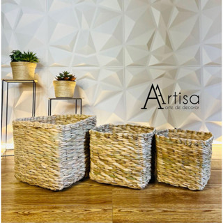 Kit com 3 Caixinhas quadradas P M G de palha de taboa