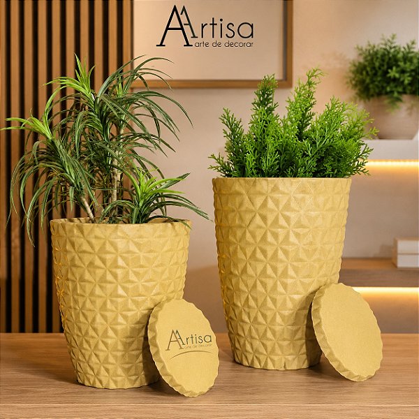 Kit 2 Vasos Decorativos para Plantas em Polietileno Redondo Diamante M e G com Pratos | Interno e Externo
