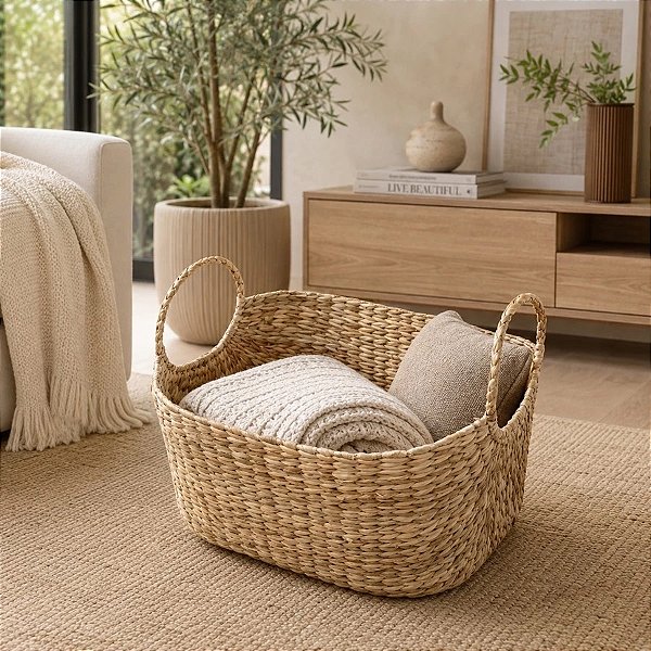 Cesto Organizador em Palha de Taboa Grande com 2 Alças Artesanal para Decoração 40x30x22