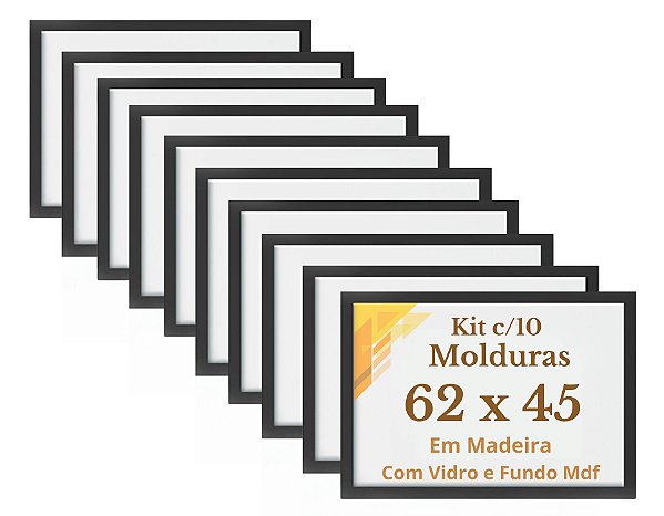 Kit 10 Molduras 62x45 Quadros 45x62 Madeira Com Vidro E Fundo Mdf