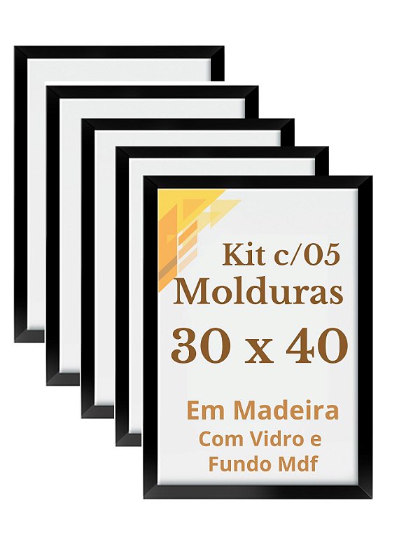 Kit 5 Moldura 30x40 Com Vidro Madeira Quadro 40x30