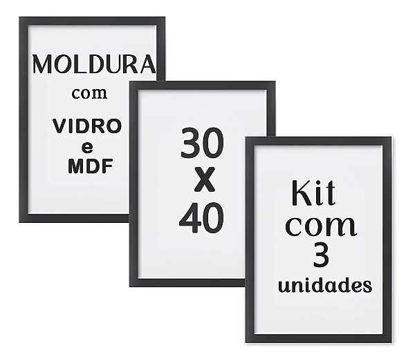 Kit 3 Molduras Quadros 40x30 C/Vidro Moldura Madeira