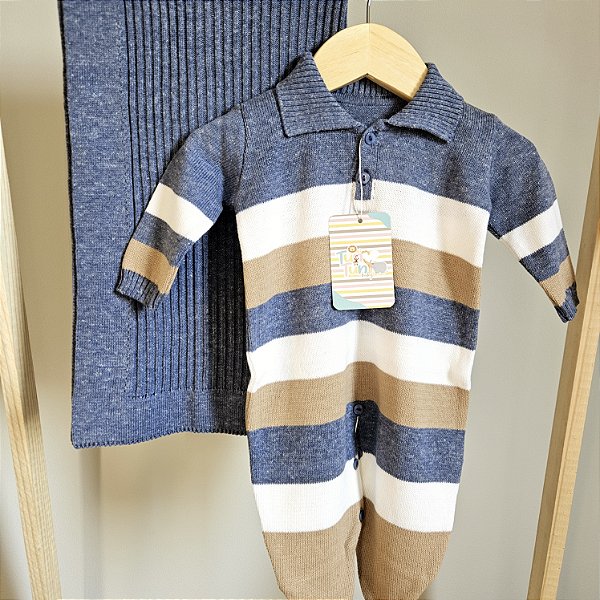 Saída Maternidade Baby Otávio - Azul Mescla com Marrom e Branco