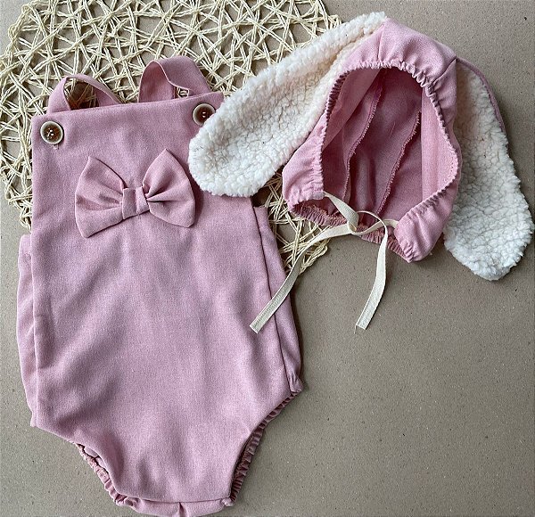 Conjunto Páscoa - Romper + touca de orelhinha - Rosa Queimado