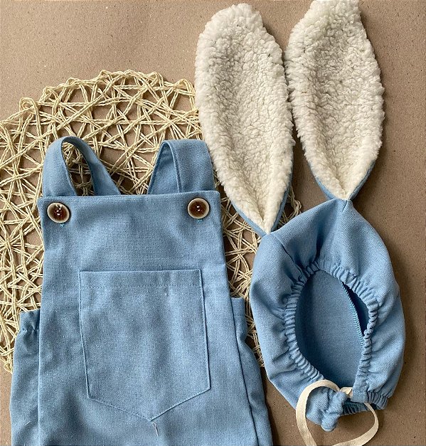 Conjunto Páscoa - Romper + touca de orelhinha - Azul bebê