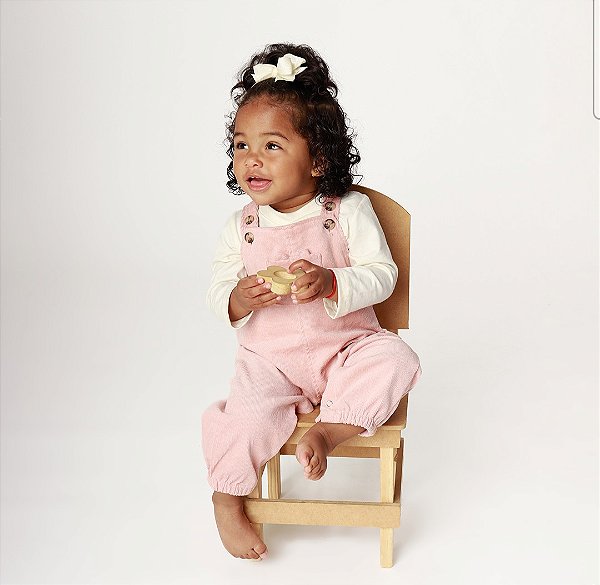 Conjunto Jardineira Cotelê - Rosa Bebê