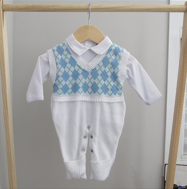 Conjunto Macacão Xadrez - Branco com Azul bebê