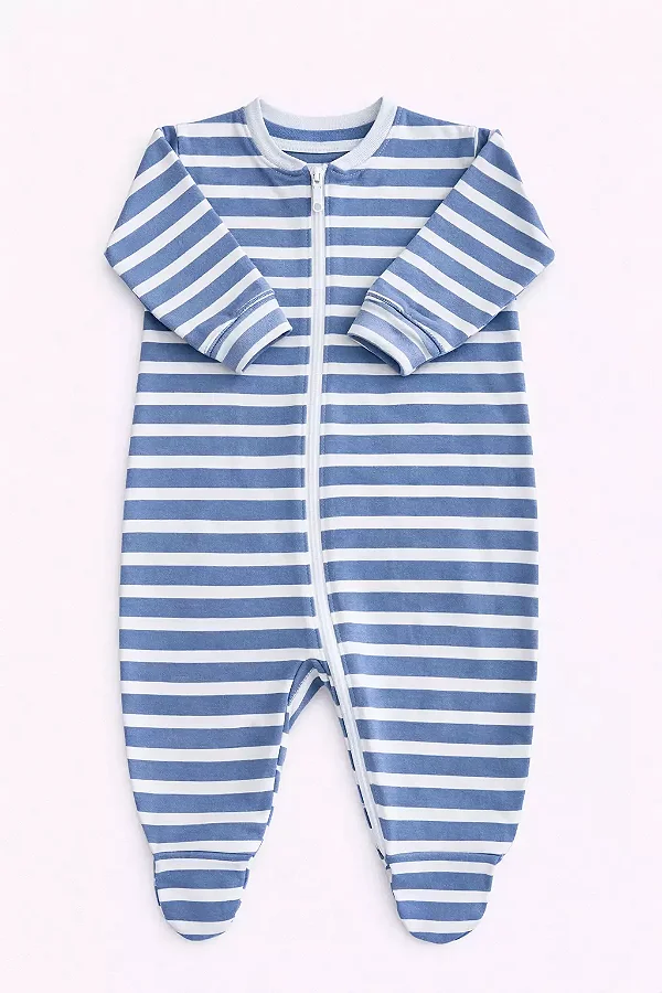Macacão Zíper Listrado - Azul Claro