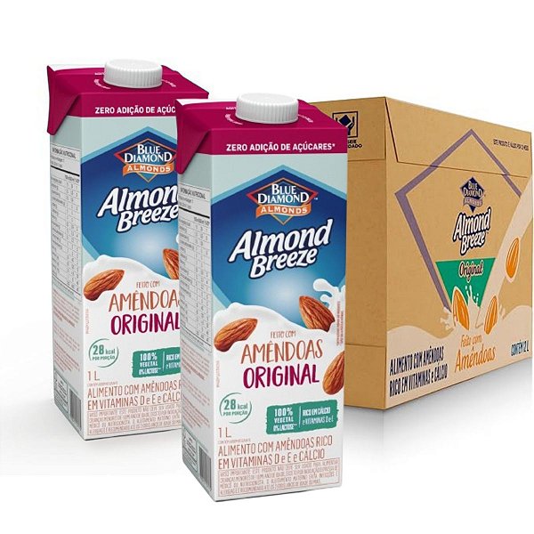 Alimento Vegano com Amêndoas Almond Breeze Original Zero Açúcar 1 Litro - Caixa 12x1000ml