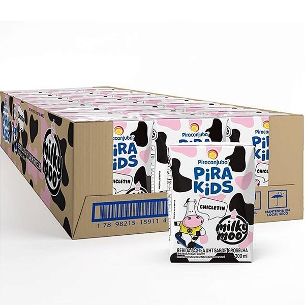 Pirakids Milky Moo Chicletin Piracanjuba Sabor Groselha 200ml - Caixa 27x200ml
