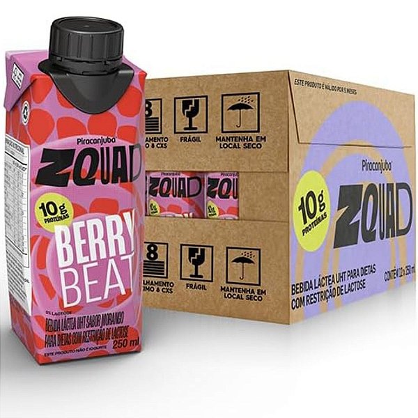 Piracanjuba Whey 10g Zquad Berry Beat Zero Lactose Morango 250ml - Caixa 12x250ml