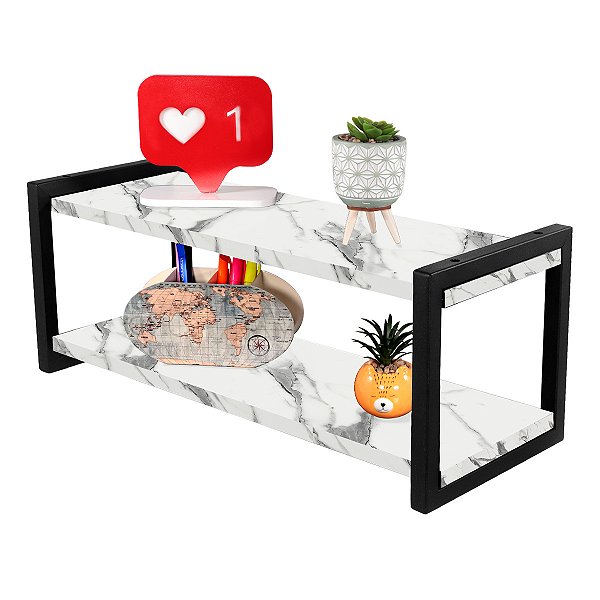 Prateleira Dupla Nicho Em Aço Carbono Preto Tampo 20x60 Mármores - Wp Connect