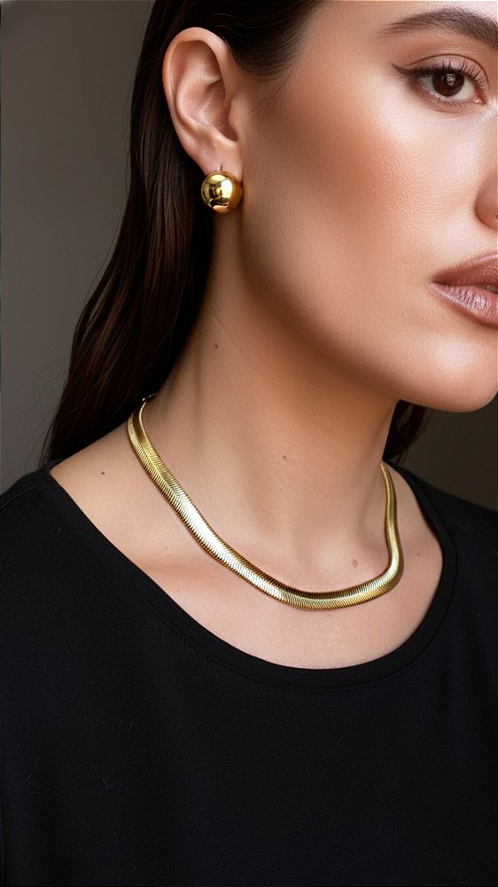 Conjunto Colar Malha com Esfera Click Dourado