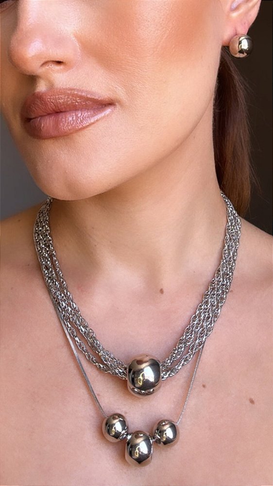 Conjunto Corrente C/ Esferas Prata