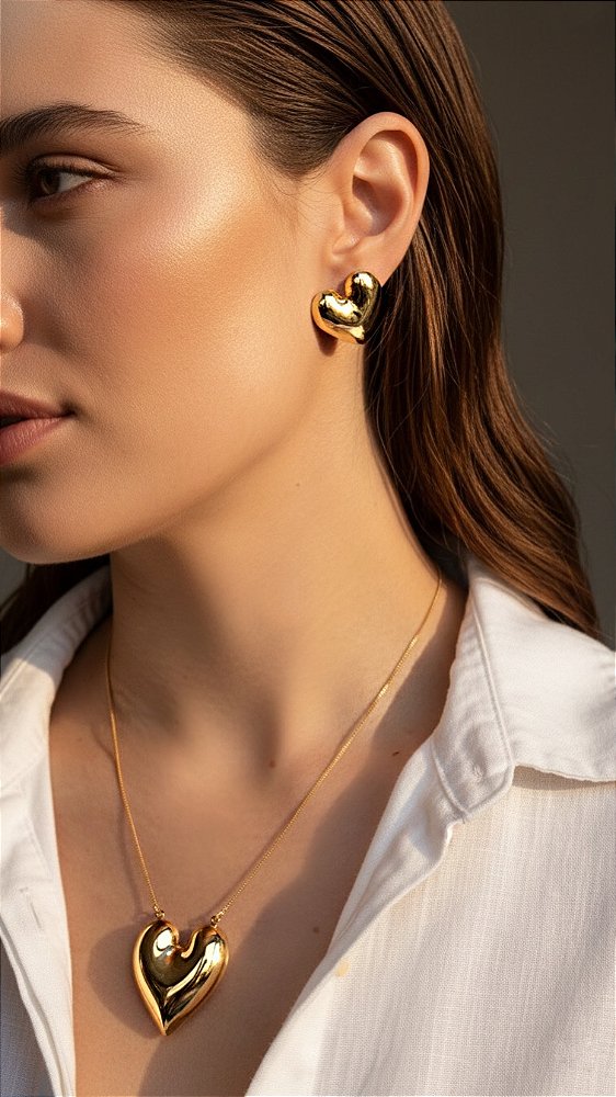 Conjunto Coração Bold Folheado Dourado