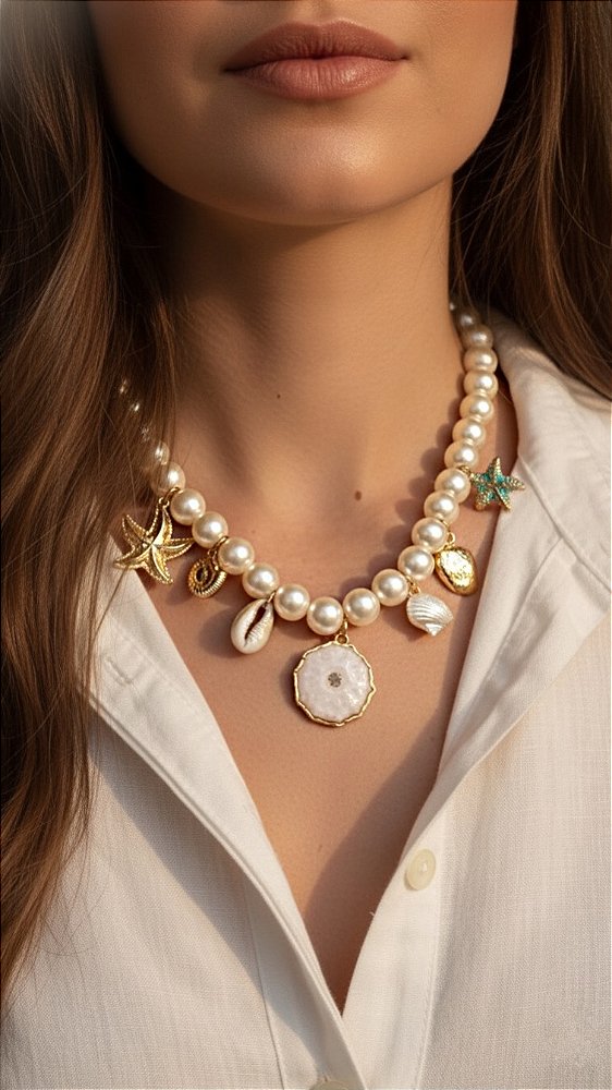 Colar Pérolas Pingentes Summer Concha