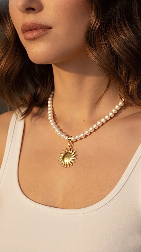 Colar Pérolas Sol Dourado